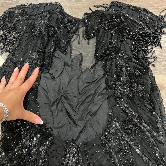 A.J. Bari 90's Black Beaded Vintage Open Back Flapper Dress size 14 - Picture 10 of 16